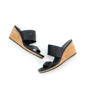 Teva Black Leather‎ Cork Wedge Slide Sandals Women's Size 9.5 Comfort
